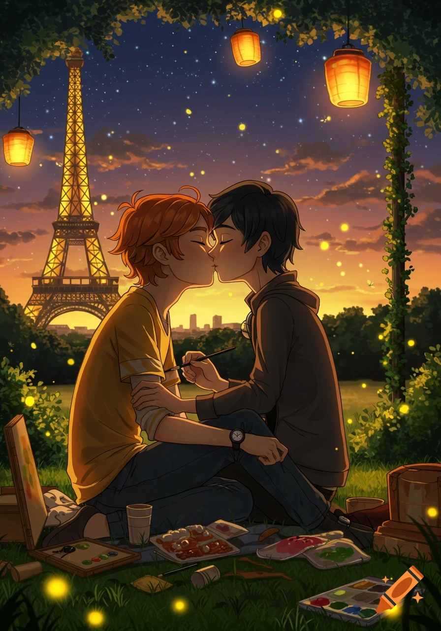 Two anime men kiss in a park at night with the Eiffel Tower and lanterns, surrounded by art supplies and fireflies.