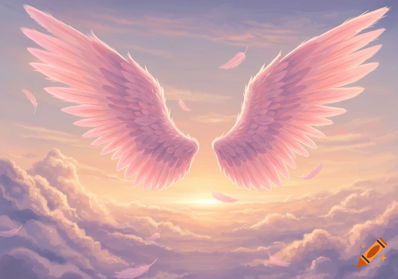 Large pastel pink angel wings spread against a dreamy sunset or sunrise sky with soft clouds and falling feathers, illustrative style.