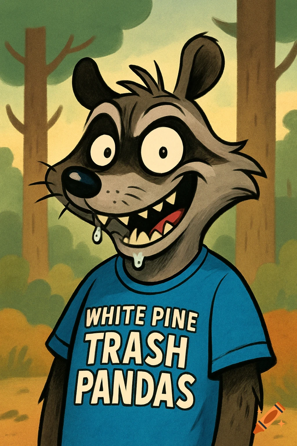 A cartoon raccoon with wide eyes, drooling and showing its teeth, wears a blue t-shirt that says "WHITE PINE TRASH PANDAS" in bold white letters. A forest background.