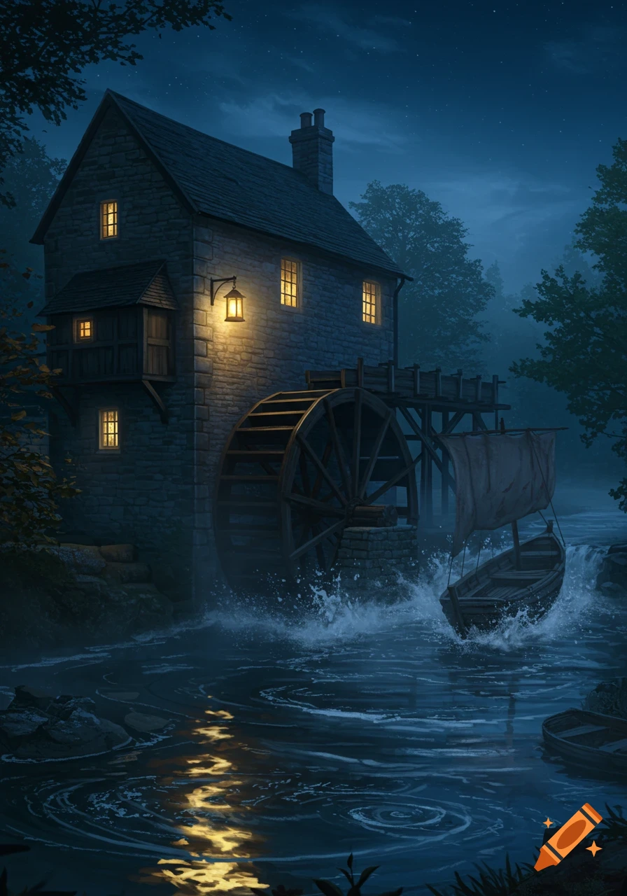 A stone water mill at night with glowing windows, a boat caught in the churning river by its water wheel, surrounded by dark trees.