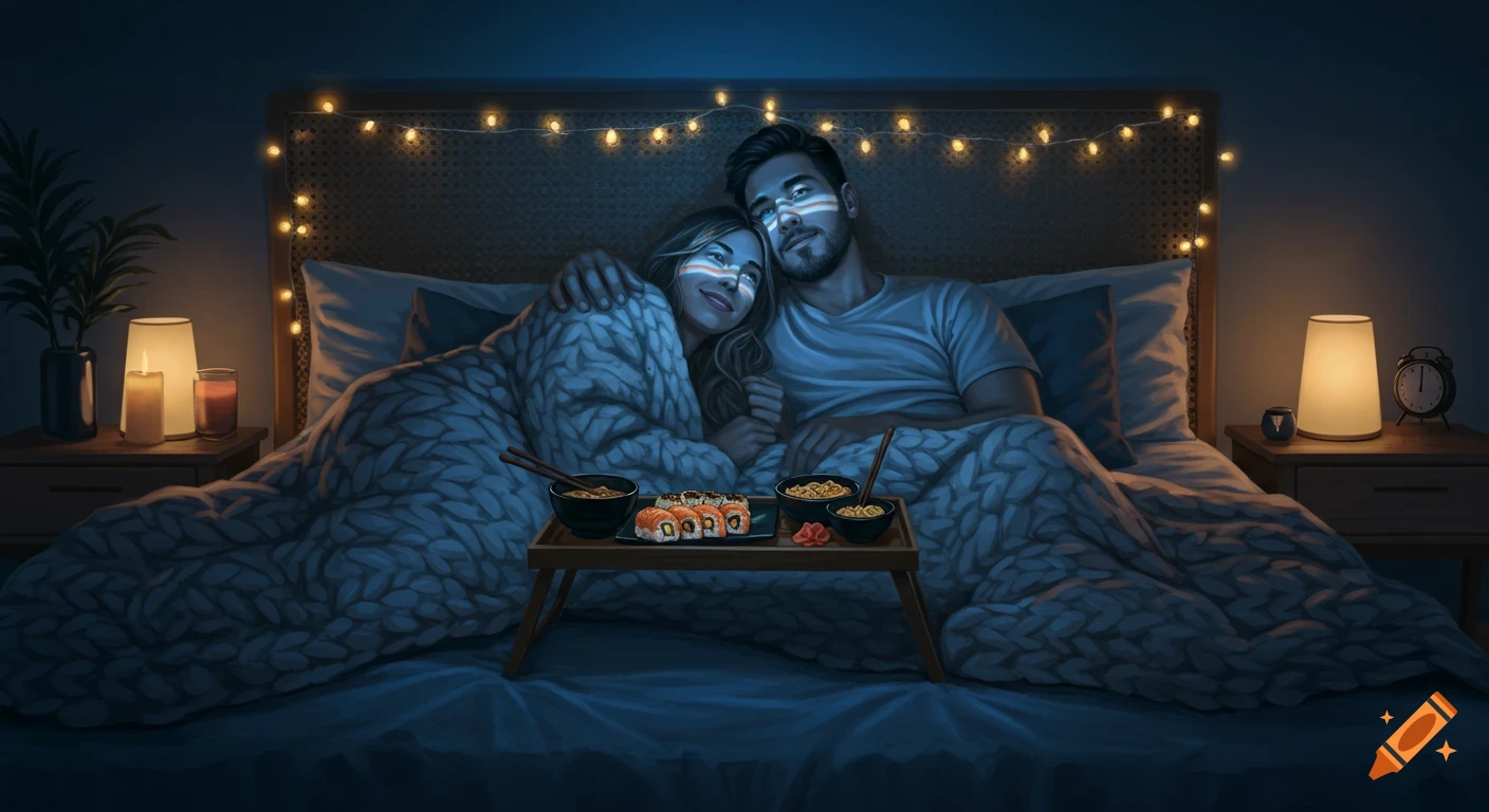 Illustrated couple cuddling in a cozy bed at night, eating sushi and noodles from a tray, with string lights overhead.