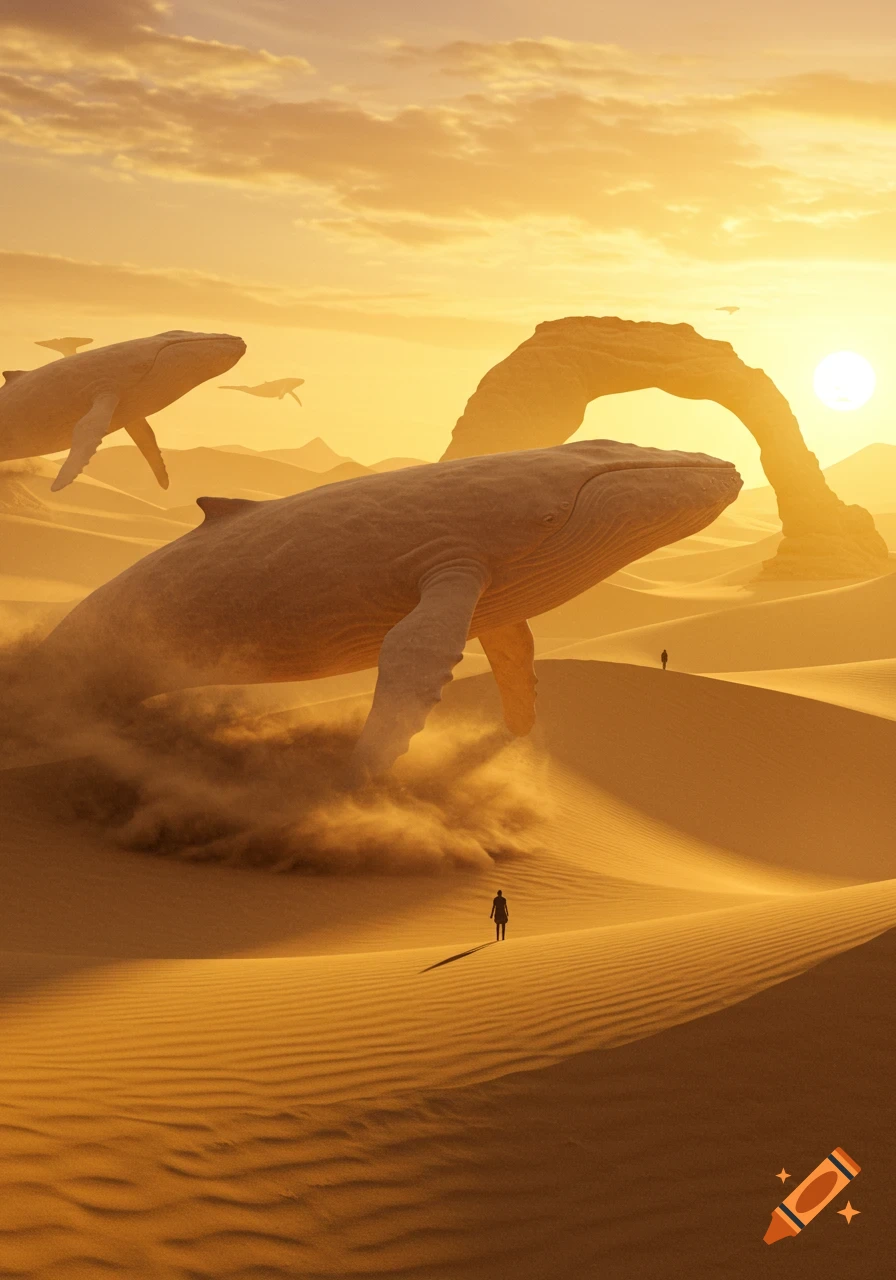 Three giant whales fly over a golden desert at sunset, with a person walking on a dune and a natural arch.