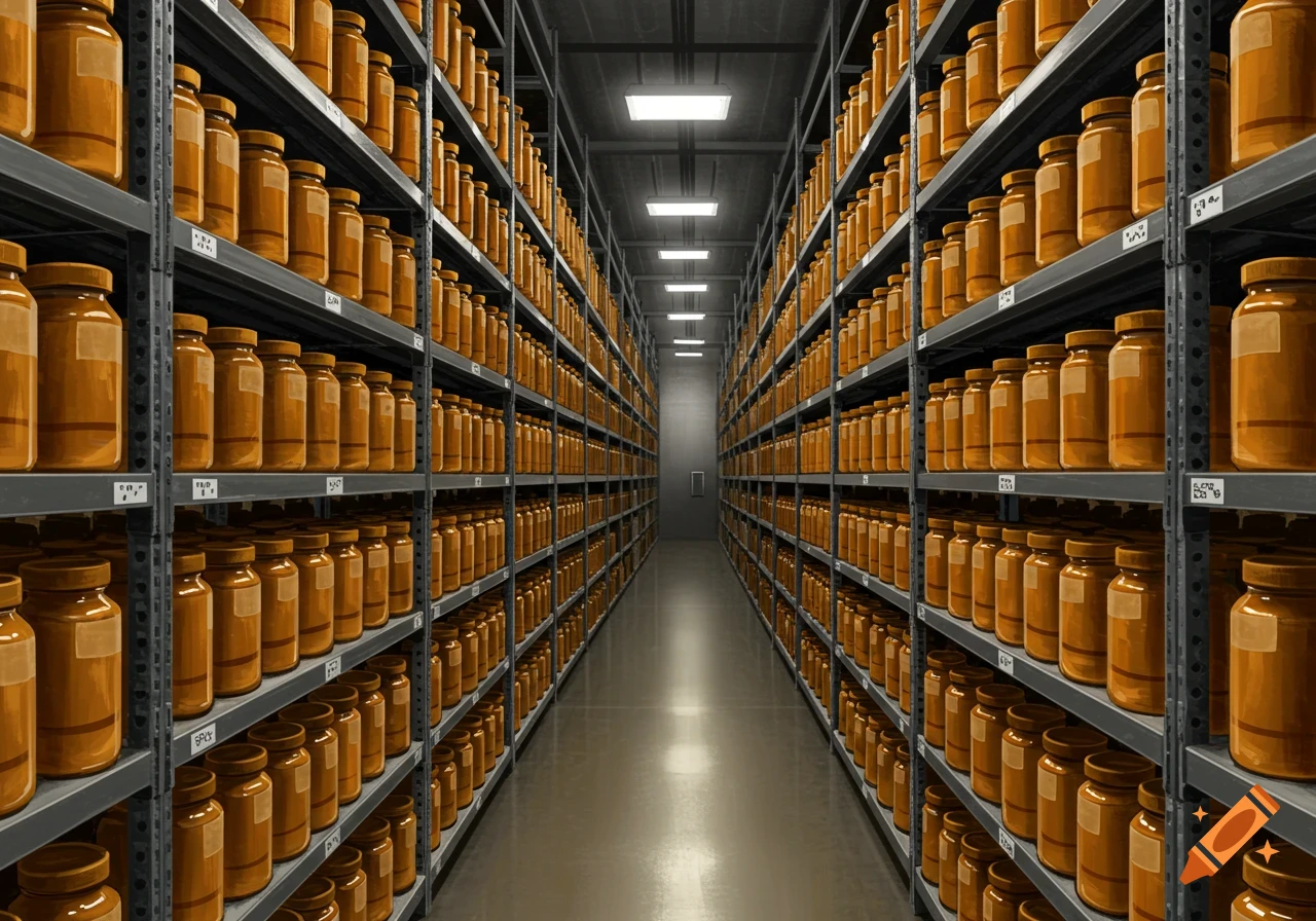 A long warehouse aisle with shelves packed full of rows upon rows of identical amber jars with labels.