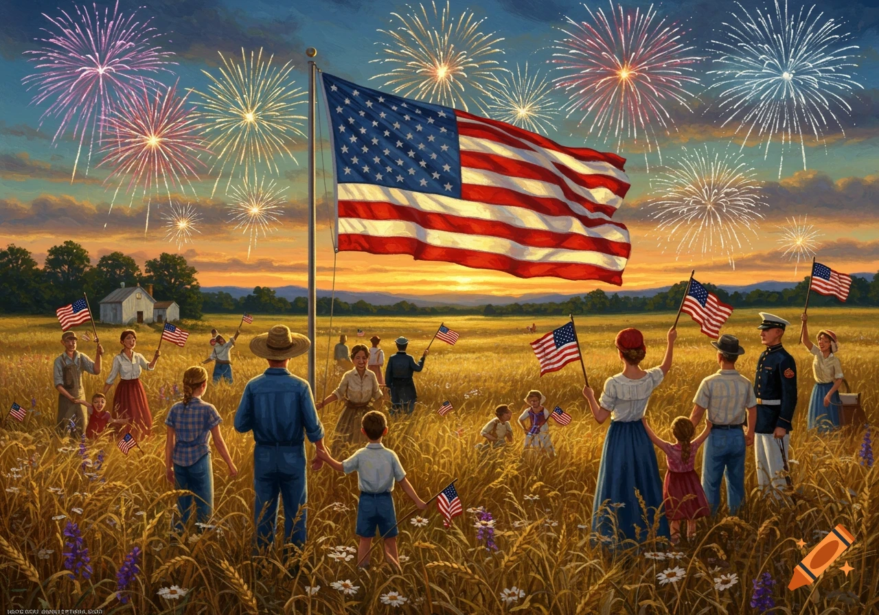 A patriotic painting of people with American flags in a golden wheat field celebrating under fireworks and a large US flag.