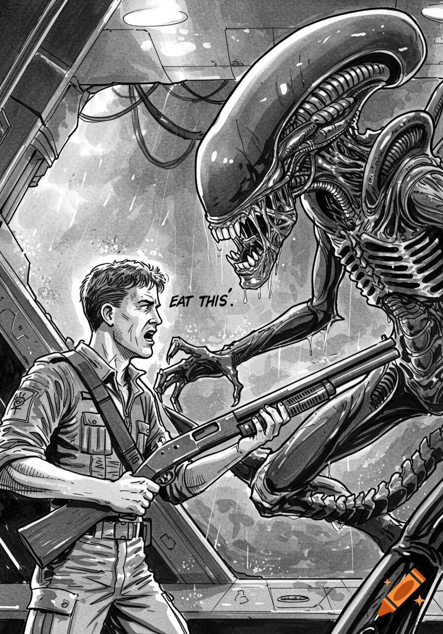 A black and white comic art illustration shows Corporal Hicks aiming a shotgun at a menacing Xenomorph, saying "EAT THIS."