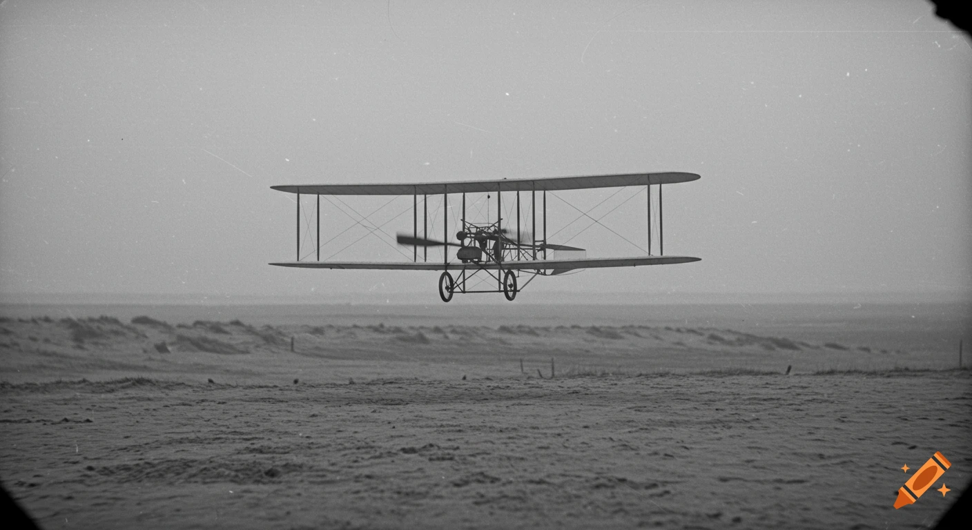 A grainy, black and white historic photo of a biplane with spinning propeller flying low over sandy dunes.