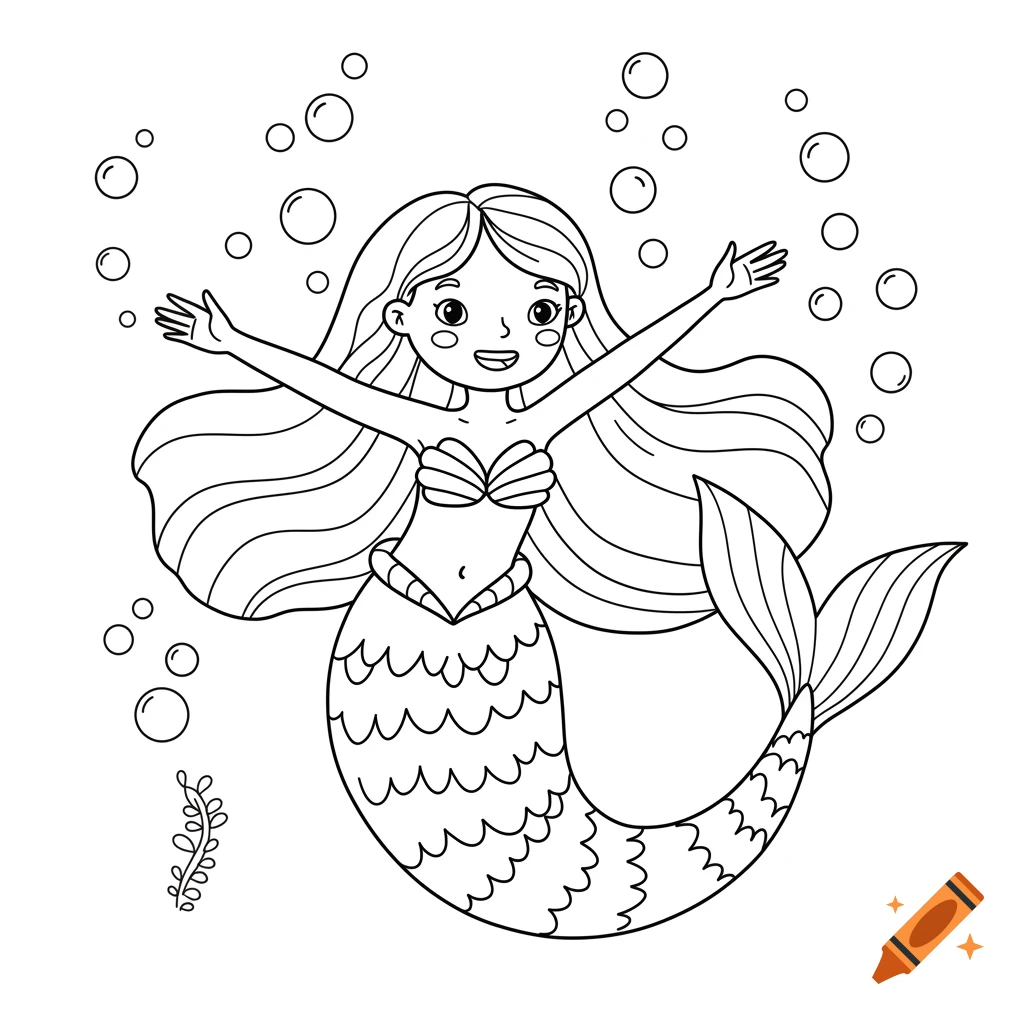 Happy mermaid with long hair and outstretched arms underwater, surrounded by bubbles, in a black and white line drawing style.