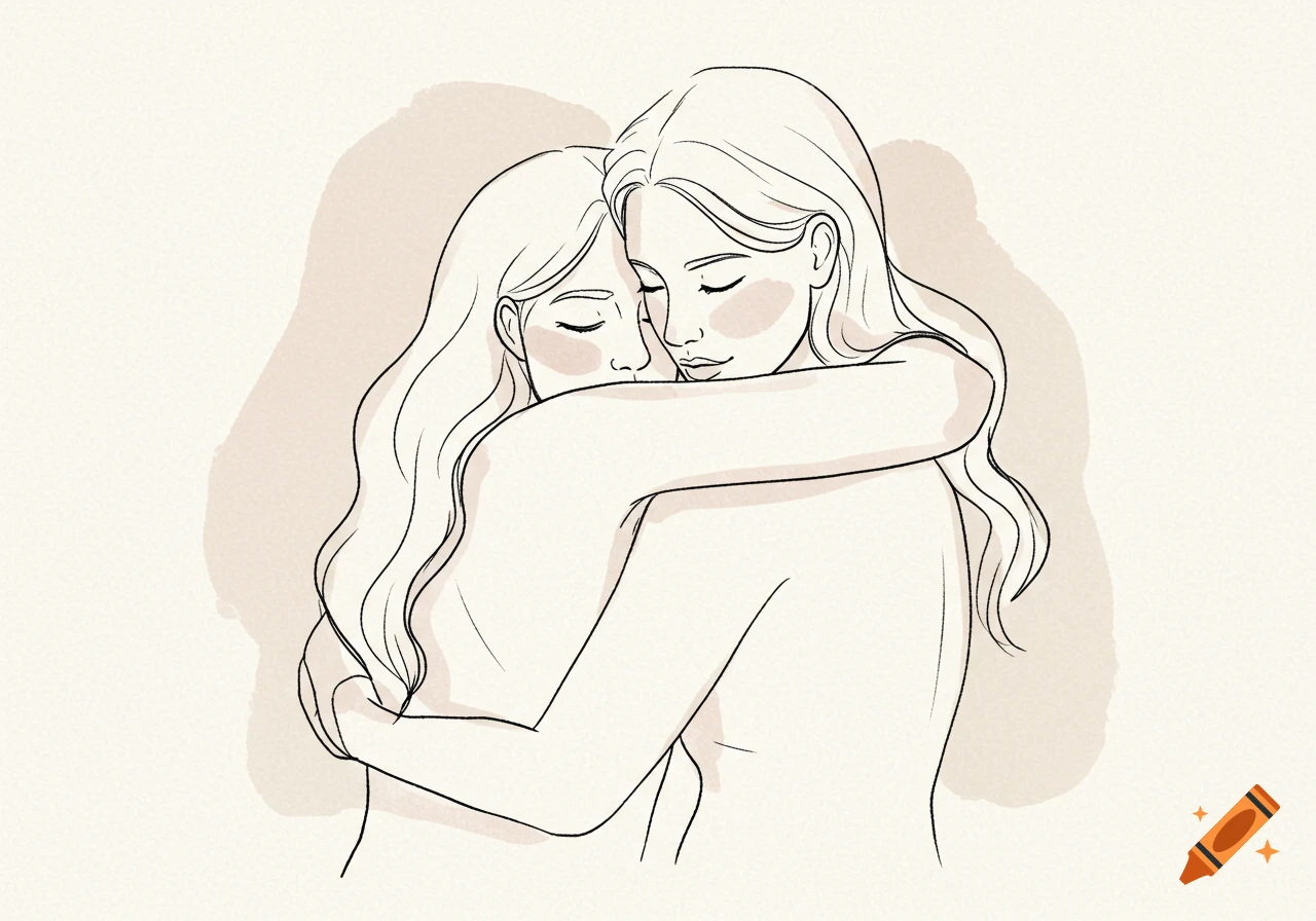Line art illustration of two women with long hair hugging each other tightly, with subtle shading.