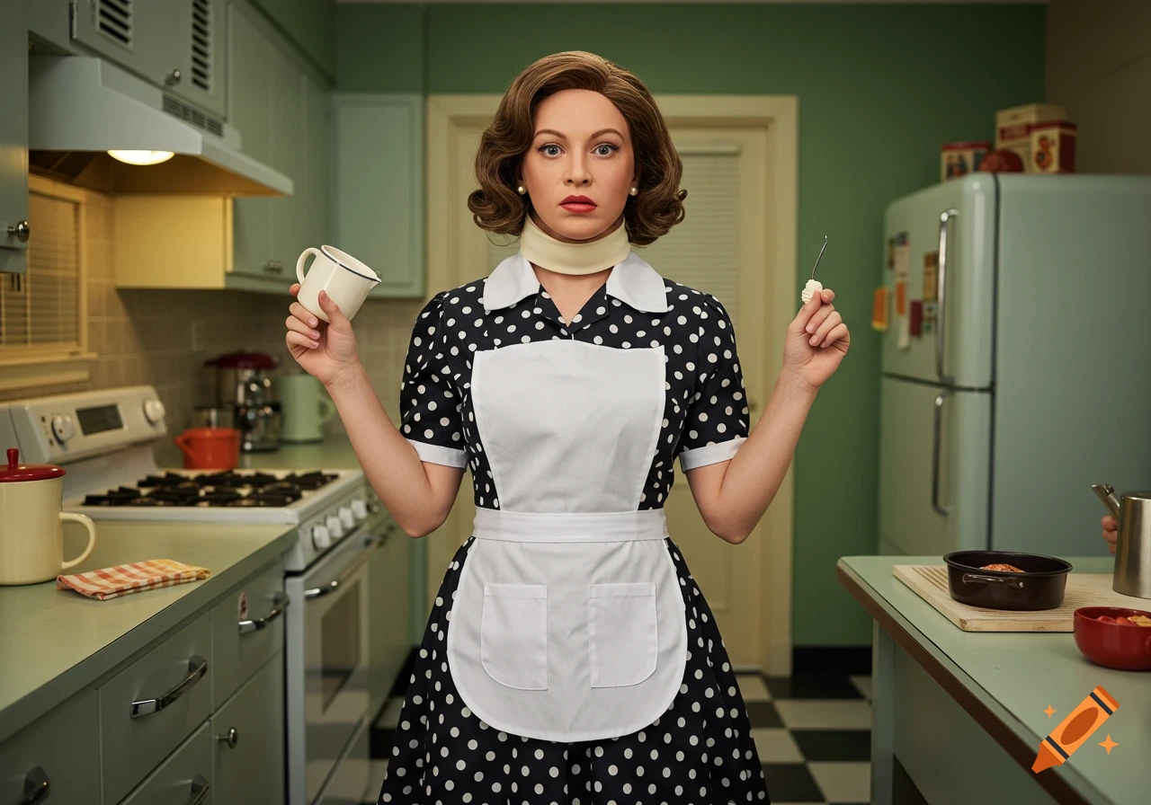 A woman in a 1950s-style polka-dot dress and apron, wearing a neck mask, holds a mug and a small utensil in a retro kitchen.