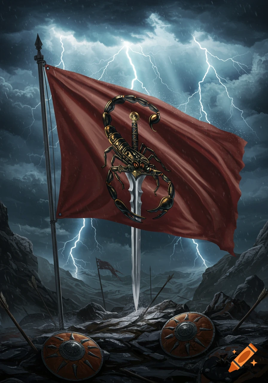 Dark fantasy illustration of a red flag with a golden scorpion around a sword, planted on a stormy battlefield with lightning.
