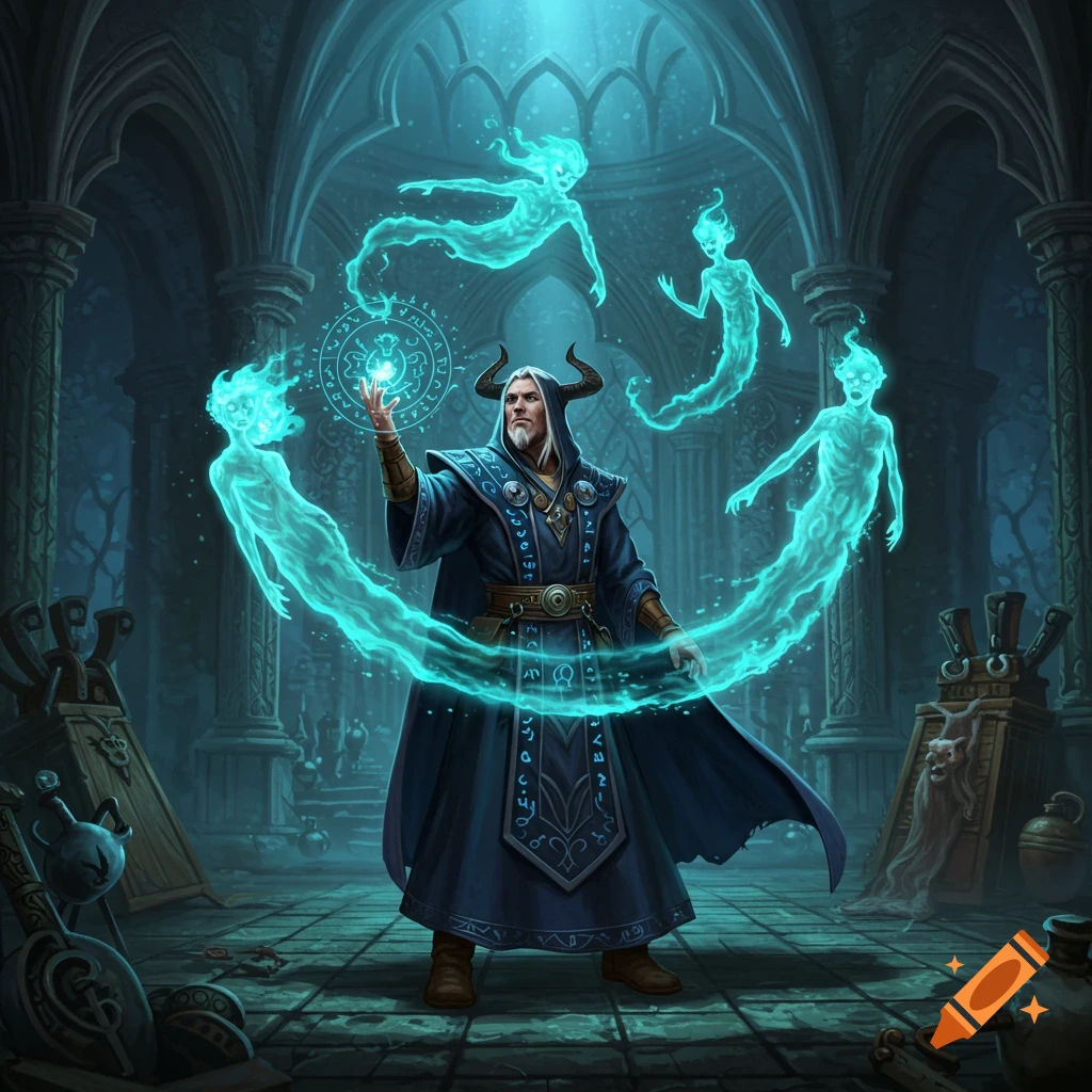 A horned wizard in a blue robe summons glowing blue spirits in a dark, ancient stone chamber.
