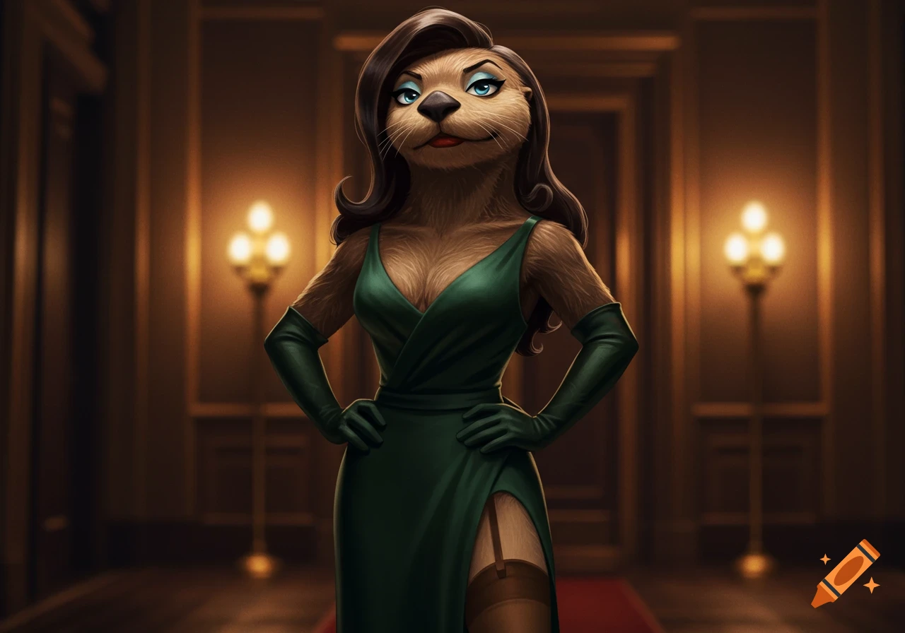 A sophisticated anthropomorphic sea otter woman in a dark green evening gown, long gloves, and thigh-high stockings, posing in a luxurious setting.