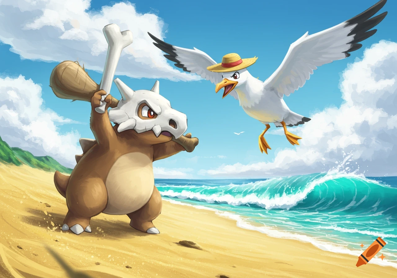 A cartoon Cubone on a beach with a bone club confronts a seagull wearing a straw hat flying over ocean waves.