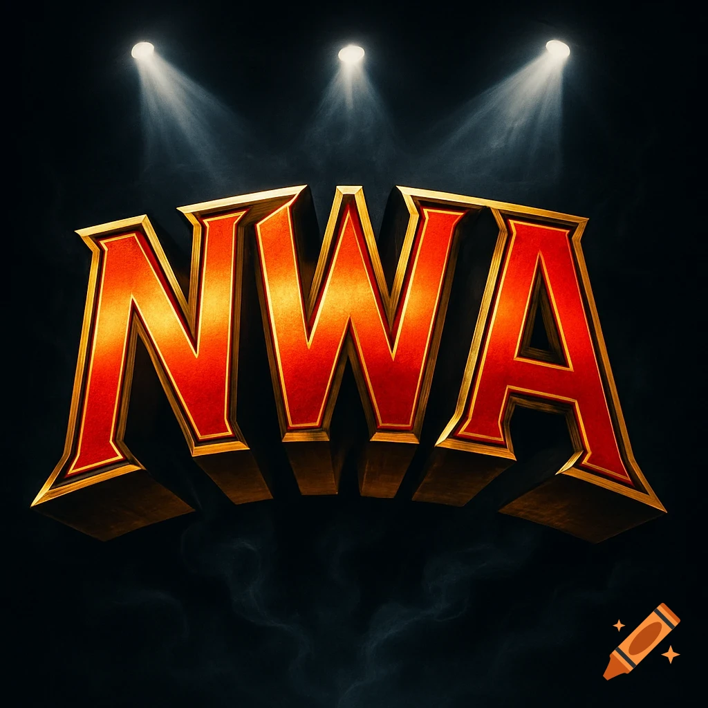 The letters 'NWA' in a red and gold stylized 3D logo under spotlights on a dark, smoky background.