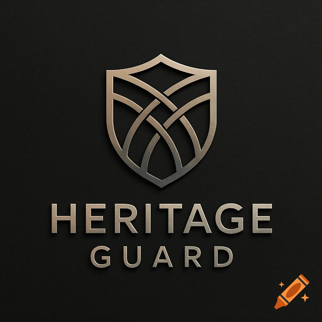Modern metallic shield logo with intertwined lines above the text "HERITAGE GUARD" on a dark textured background.