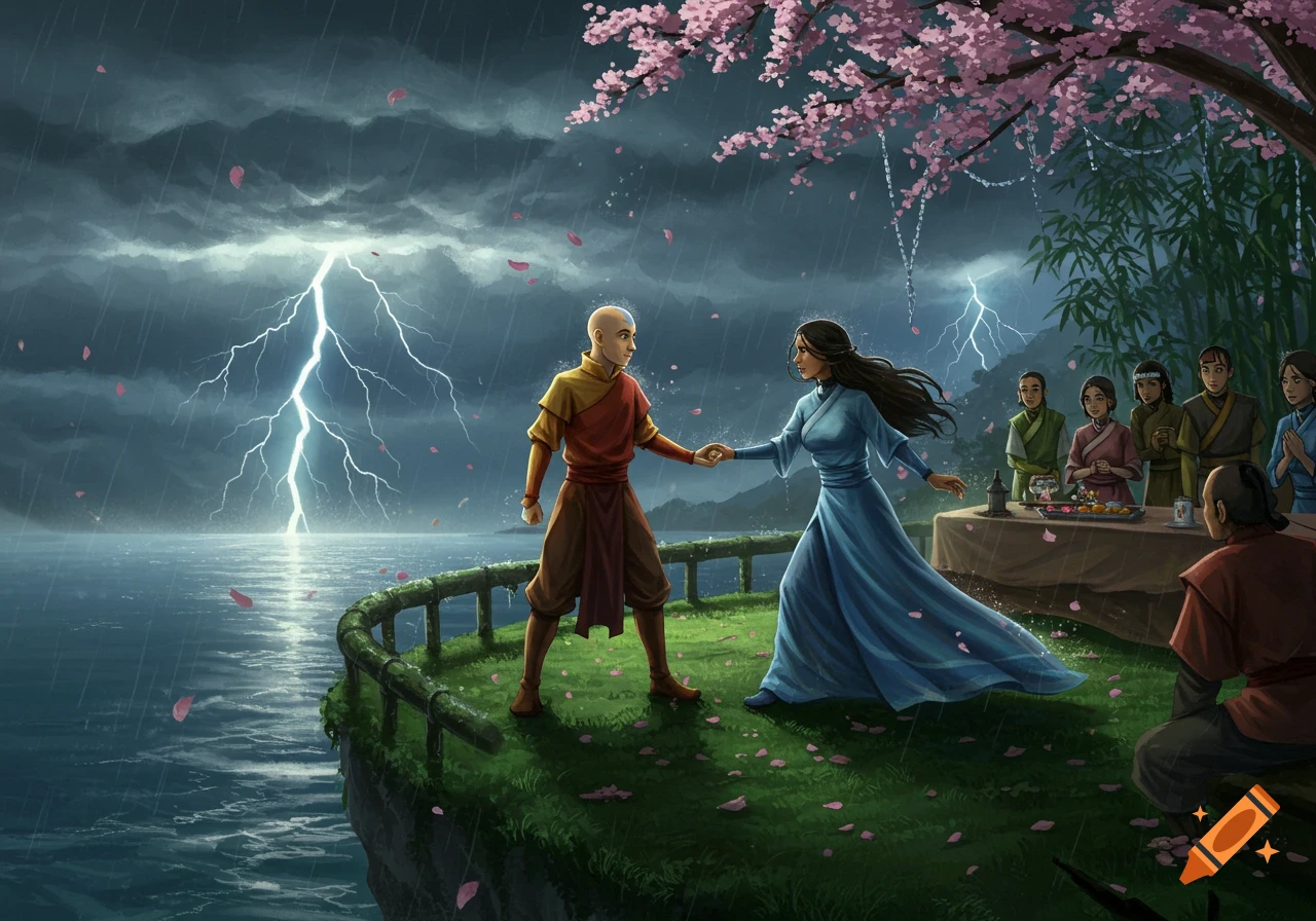 Aang and Katara hold hands on a stormy cliff with lightning over the sea, cherry blossoms falling. Guests sit at a table under a tree.