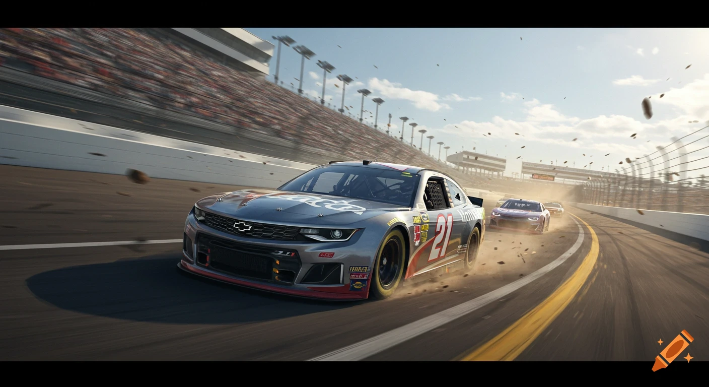 A grey and red #21 NASCAR race car speeds on a track, kicking up dirt, with other cars and a grandstand in the background.