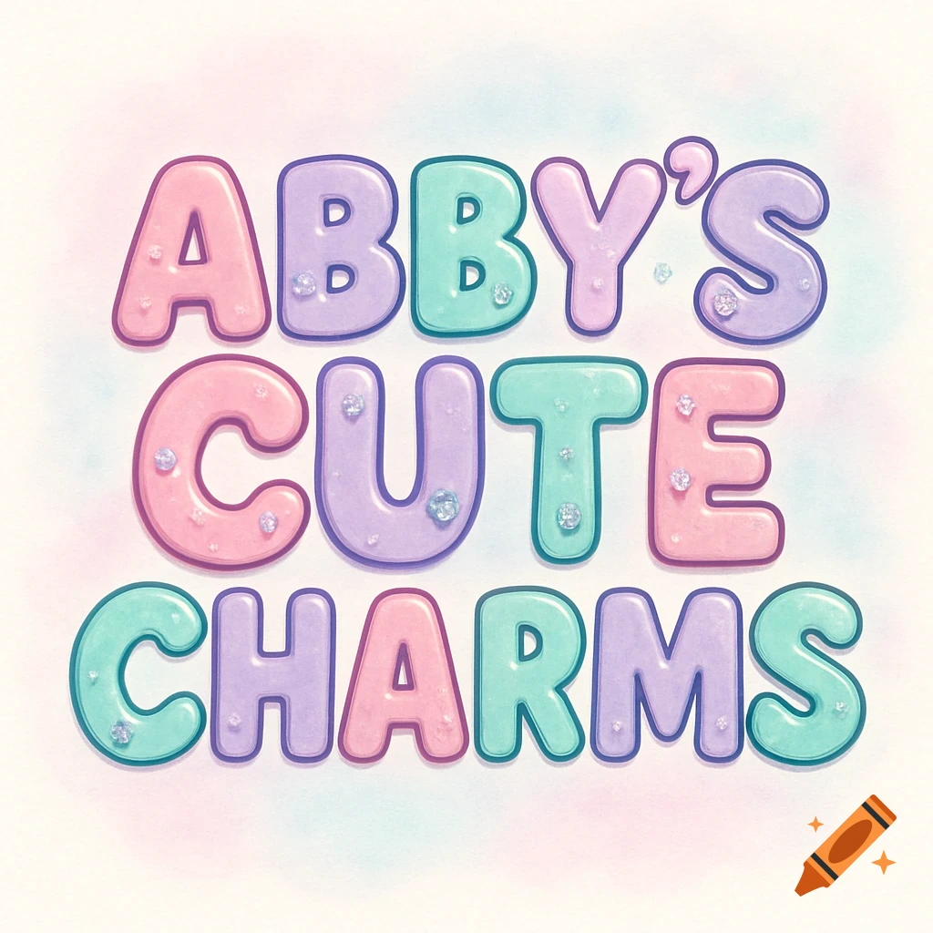 Colorful bubble letters spelling "Abby's Cute Charms" with glitter accents on a pastel background.