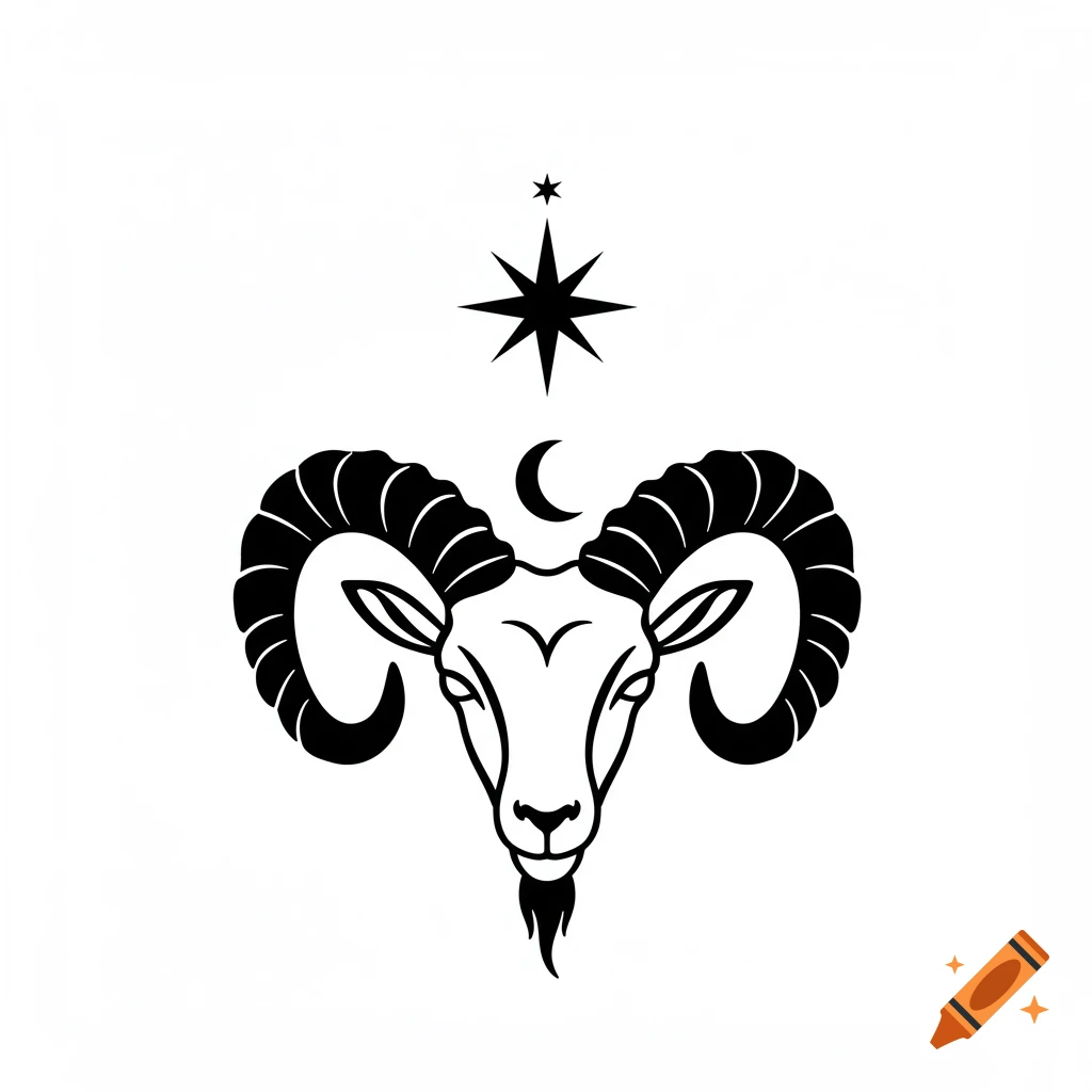 A simple black and white icon of a goat head with large curved horns, a crescent moon above its head, and a star at the very top.