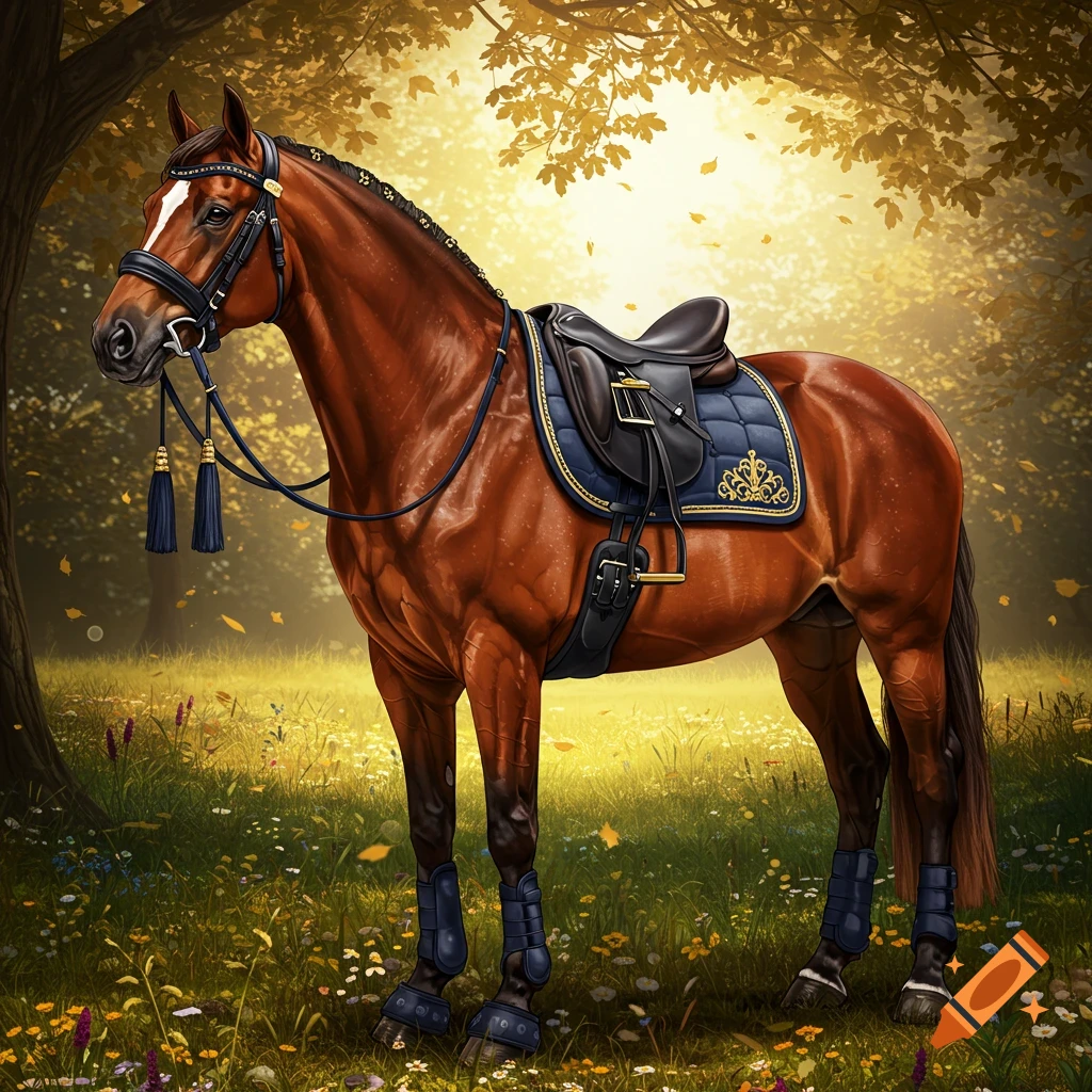 A majestic brown horse with a royal navy blue saddle and bridle stands in a sunlit meadow under golden autumn trees.