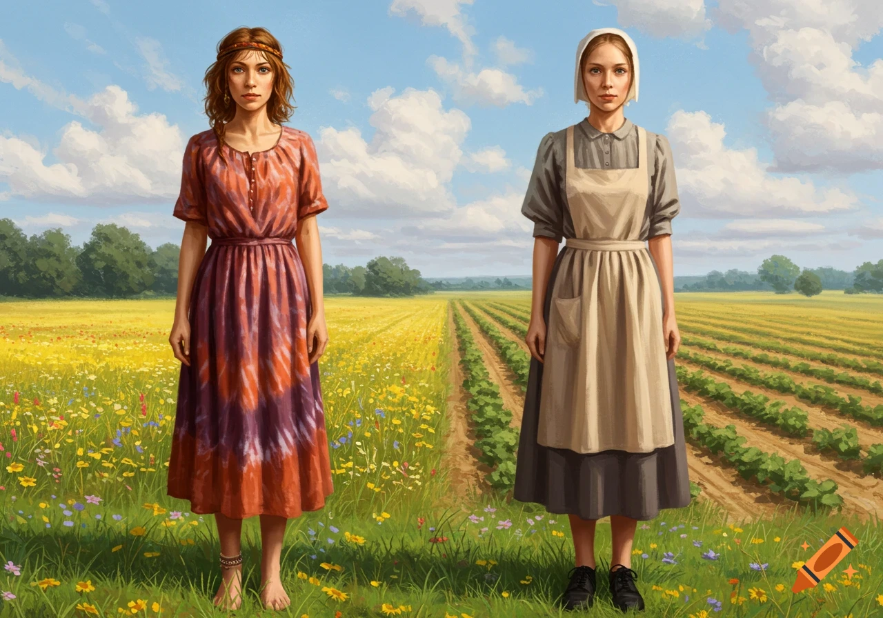 Two women, one a hippie in tie-dye, one a Mennonite in an apron and bonnet, stand in a sunny field. Digital painting.