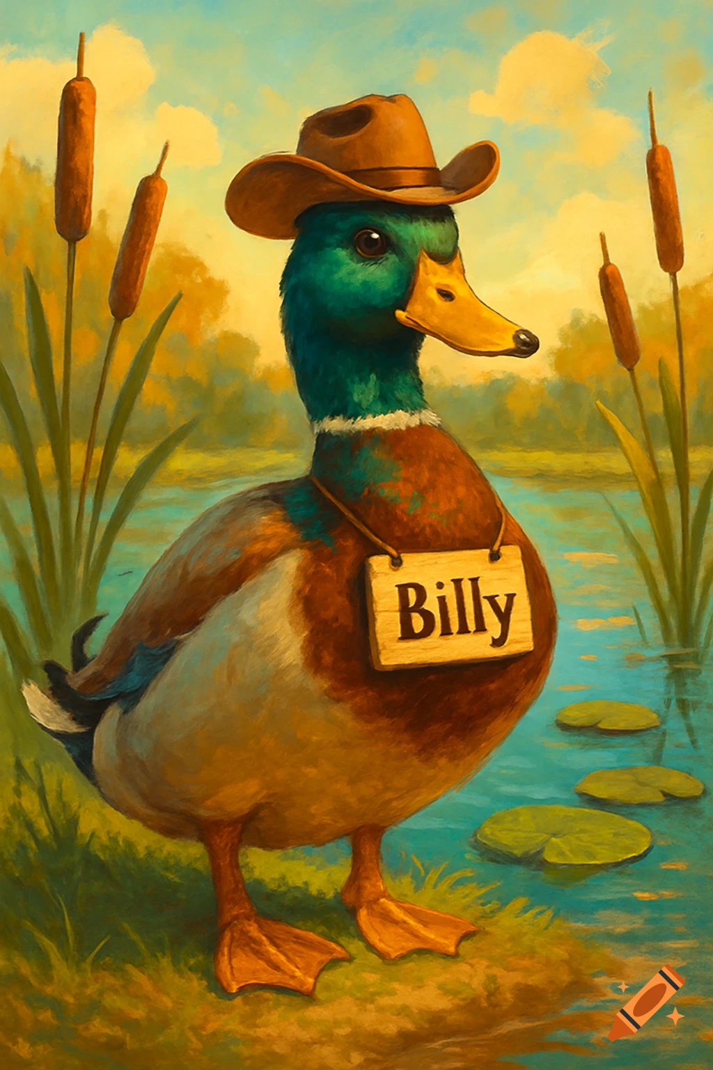 A painterly illustration of a mallard duck wearing a cowboy hat and a nametag reading 'Billy', standing by a pond with cattails.
