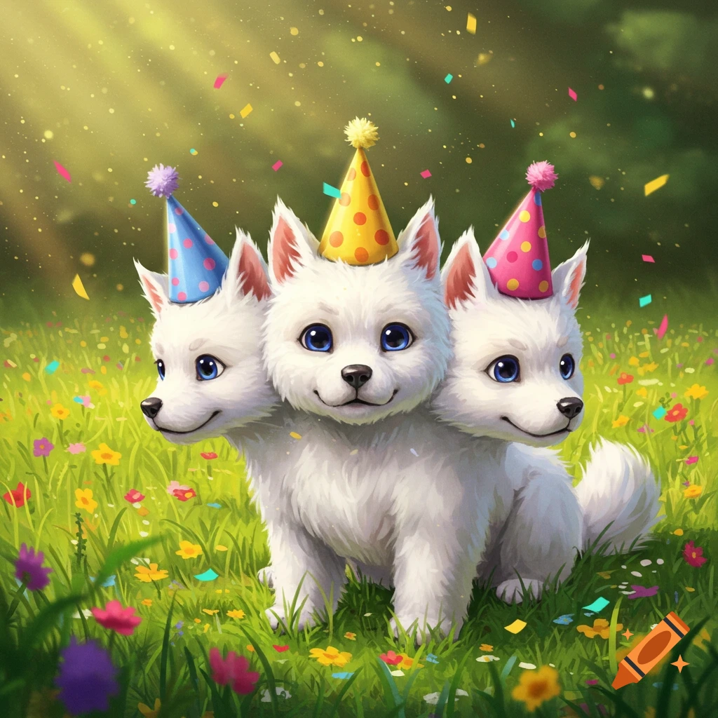 Three fluffy white Cerberus puppies, each wearing a party hat, sit smiling in a sunny green field with wildflowers and confetti.
