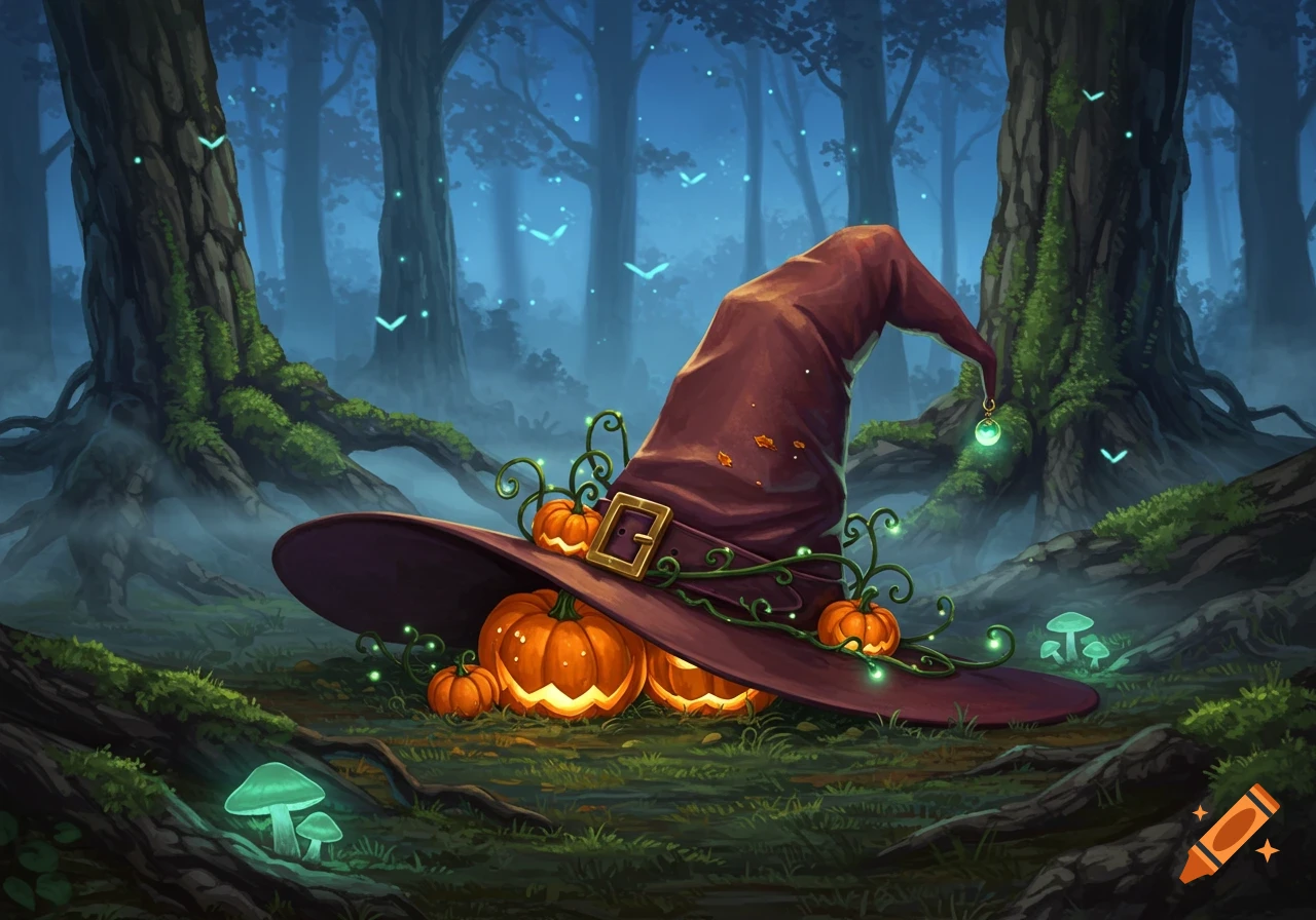 A mystical illustration of a witch's hat decorated with glowing pumpkins in a foggy, enchanted forest.
