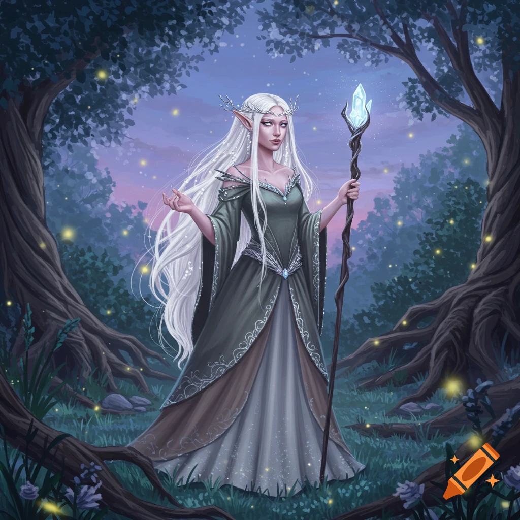 A pale elf with long white hair, wearing a green dress, stands in a magical forest at dusk, holding a crystal staff.