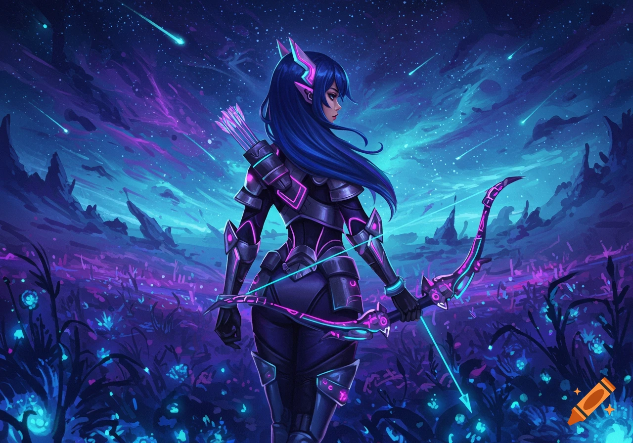 Anime girl in futuristic armor with a glowing bow stands in a neon landscape under a starry night sky.