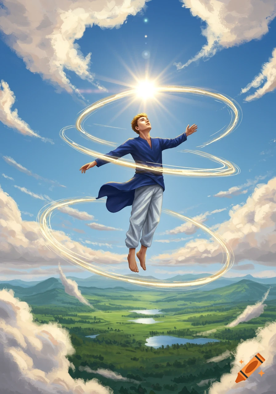 Illustrated man floating high in a blue sky with outstretched arms, glowing rings around him, above a lush green landscape.