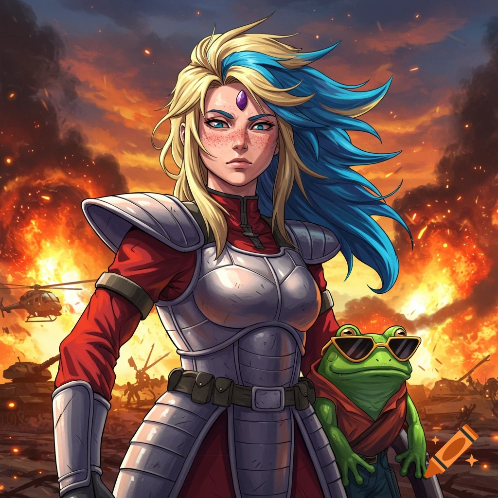 An anime-style female warrior with blonde and blue hair and a frog in sunglasses stand before a fiery warzone with exploding tanks and helicopters.