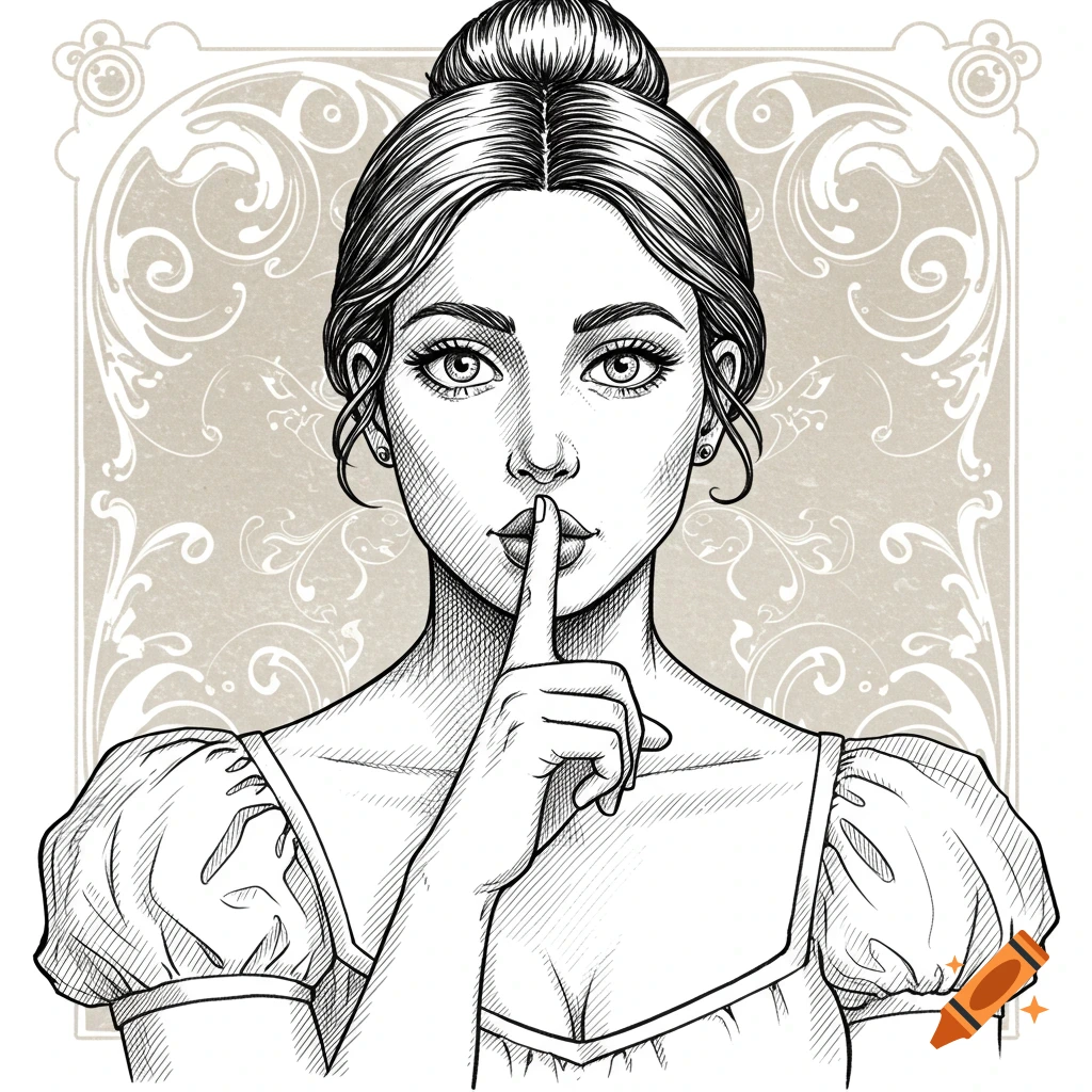 Vintage engraving style illustration of a woman with a ballet bun, shushing with her finger to her lips.