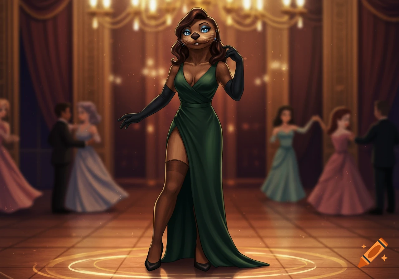 Anthro sea otter woman in a dark green evening gown, black gloves, thigh-high stockings, and high heels standing in a ballroom.