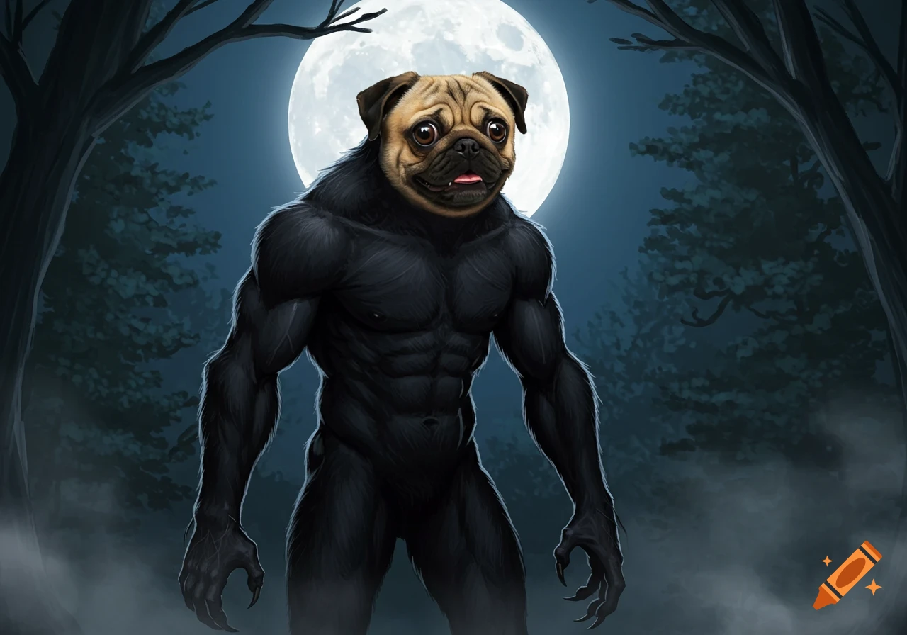 A stylized illustration of a muscular, dark-furred werewolf with a pug's face standing in a misty forest under a full moon.