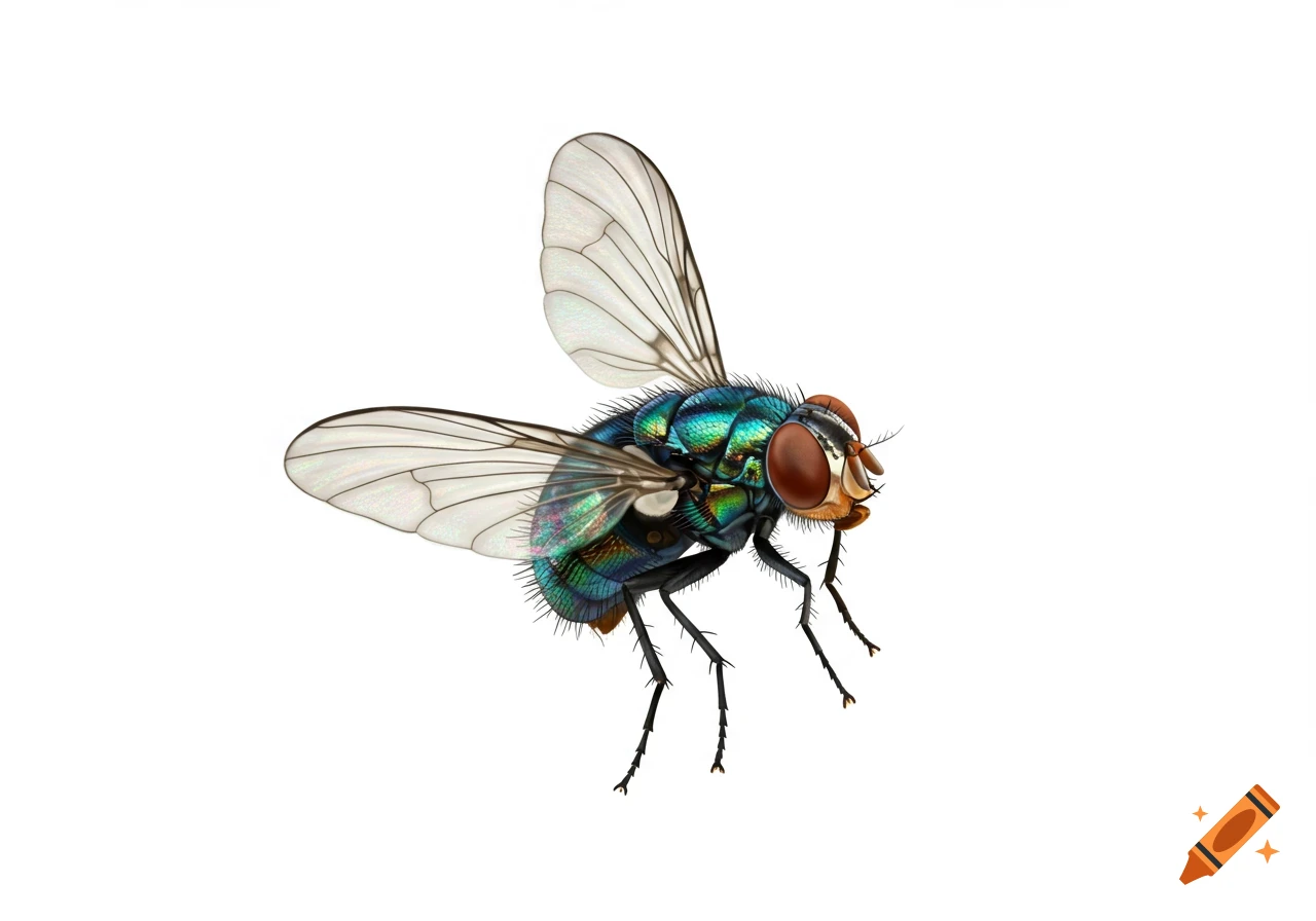 A close-up, highly detailed shot of an iridescent green-blue fly with translucent wings against a white background.