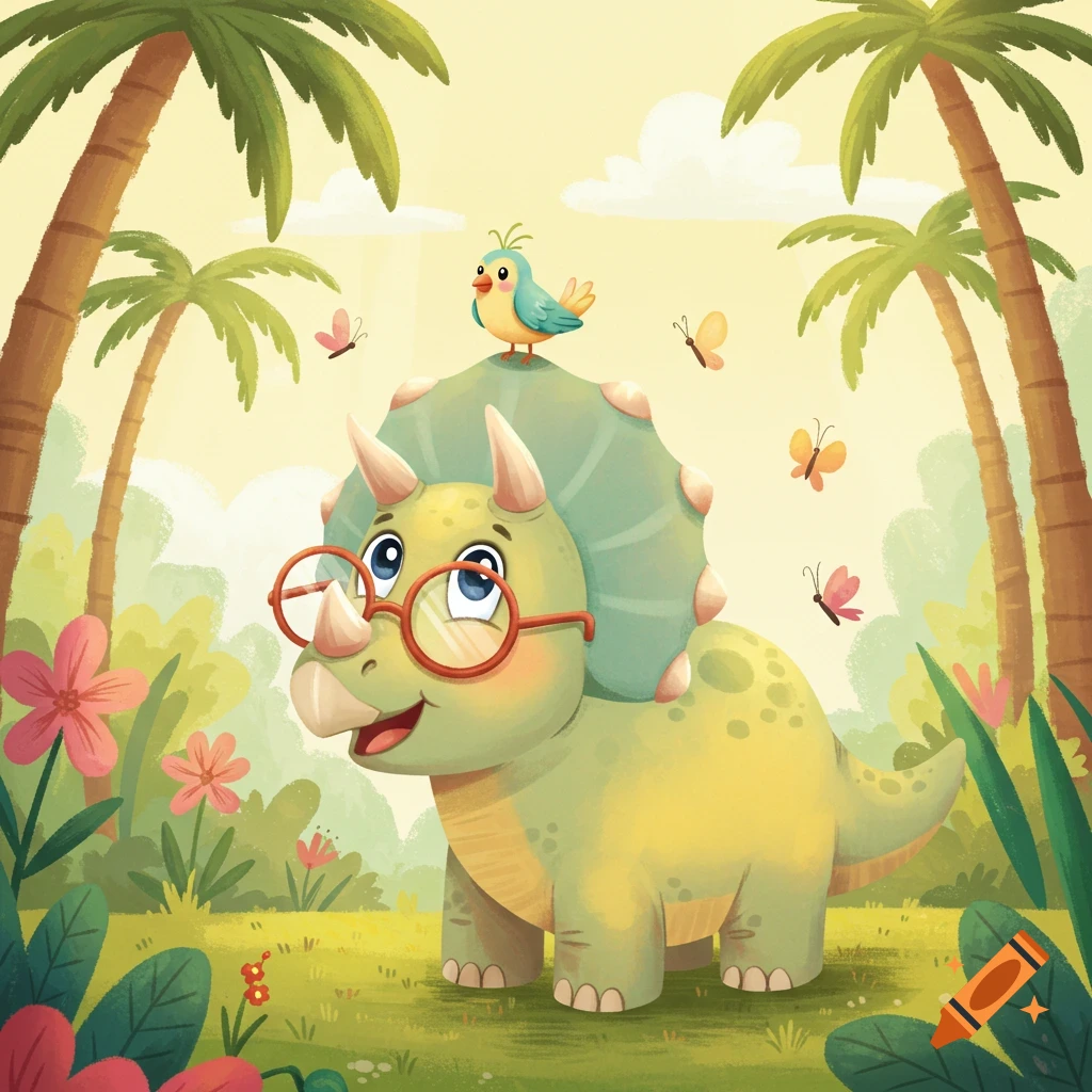 A friendly, cute, cartoon-style green dinosaur wearing glasses, with a small blue bird on its head, stands in a lush jungle.