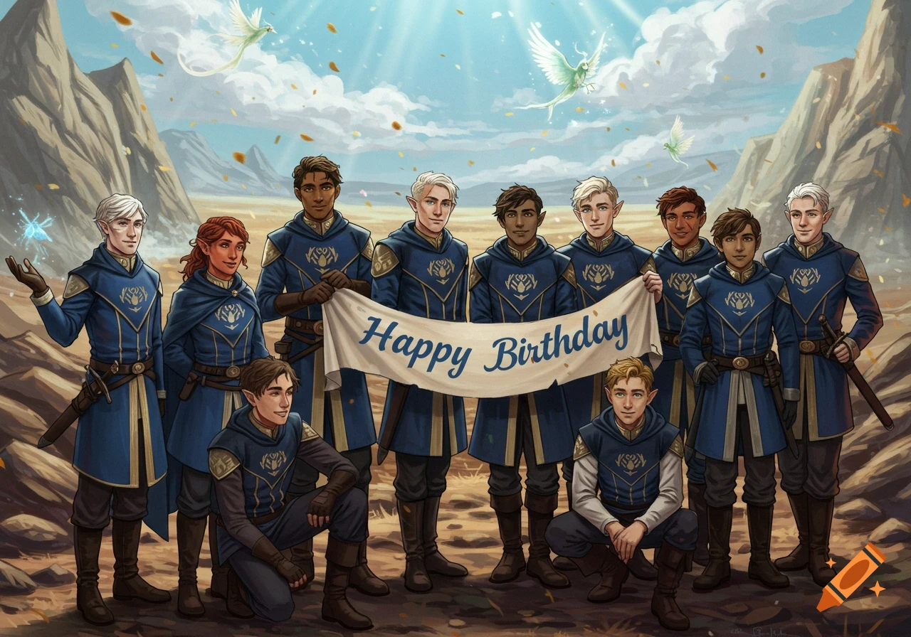 A fantasy illustration of a group of warriors in blue and gold uniforms holding a "Happy Birthday" banner in a desert.