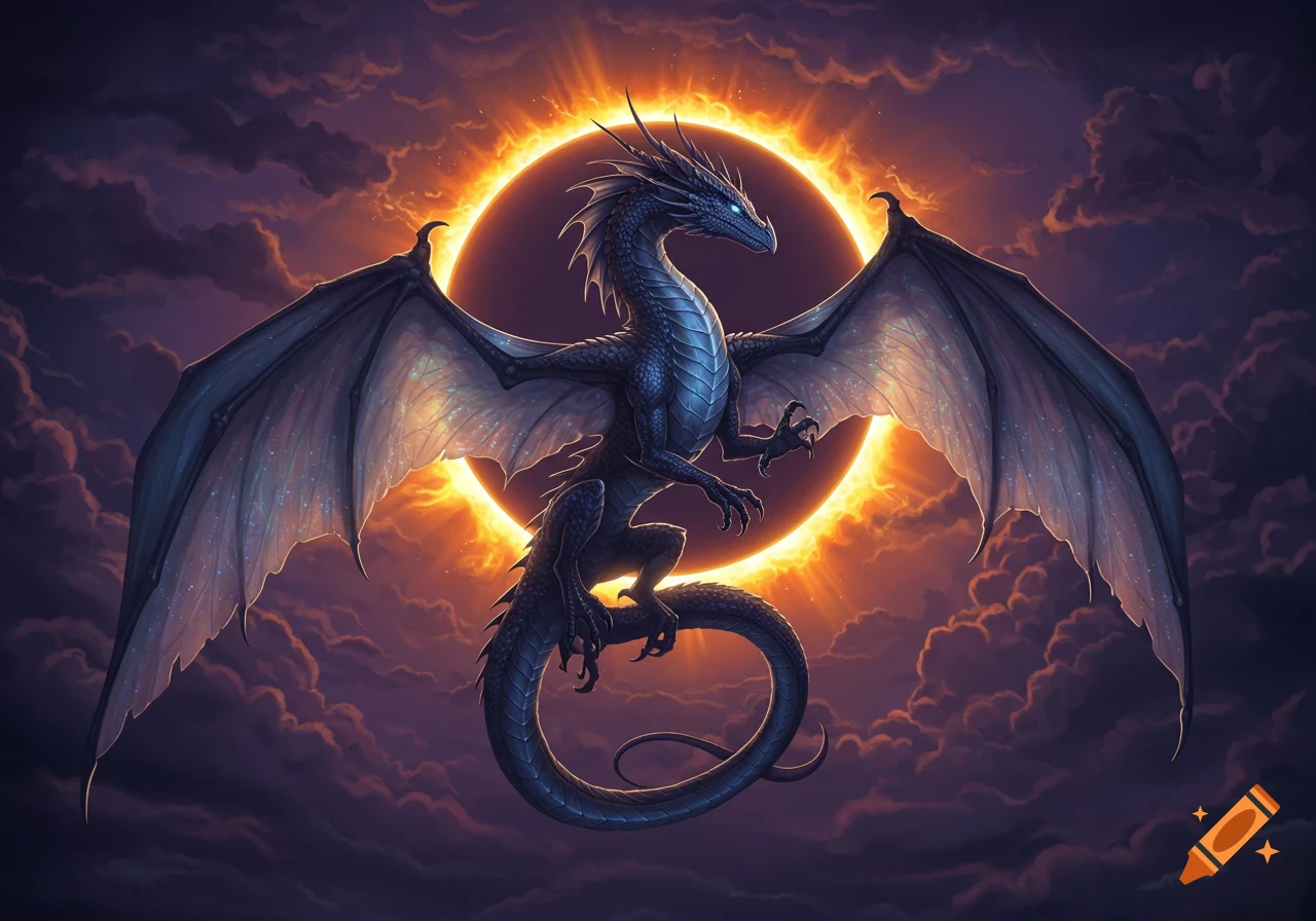 A majestic dark dragon with glowing blue eyes and large wings against a vibrant orange and black solar eclipse in a cloudy sky.