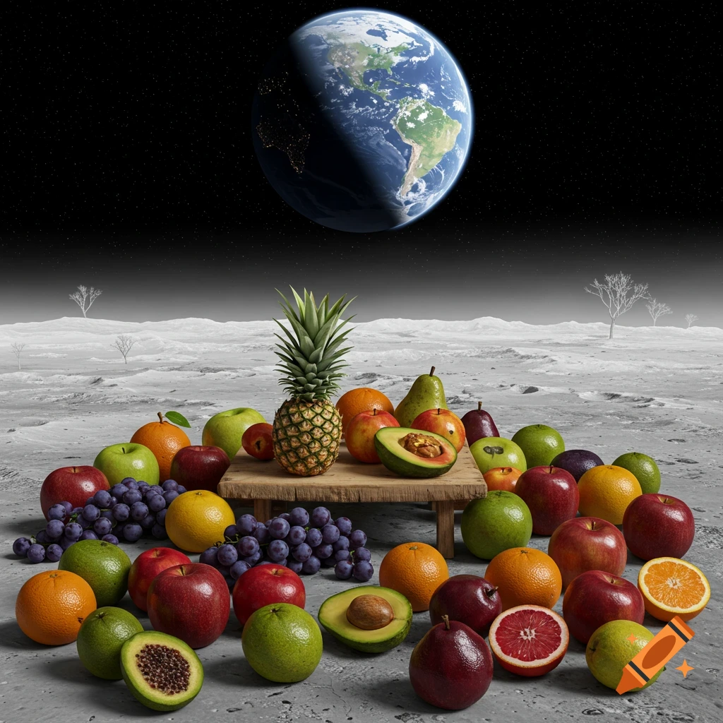 A variety of colorful fresh fruits on a moonscape with Earth in the starry sky.