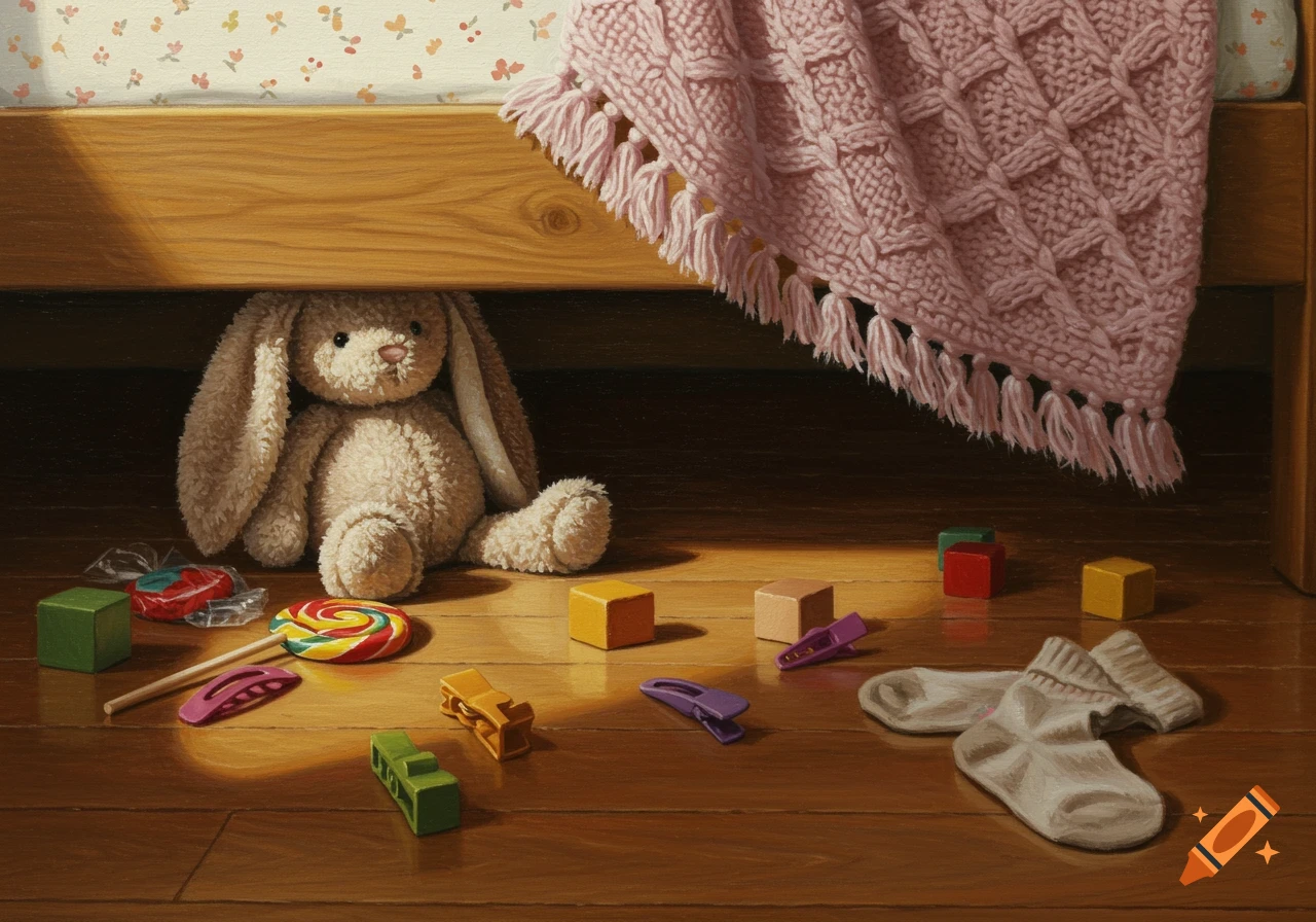 Plush bunny and scattered children's toys under a wooden bed with a pink knitted blanket, painted in a soft, warm light.