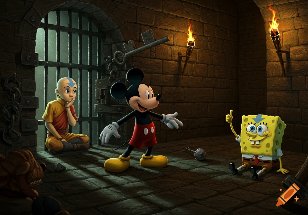 Aang, Mickey Mouse, and SpongeBob are in a dark stone dungeon with torches on the walls and a barred cell gate.