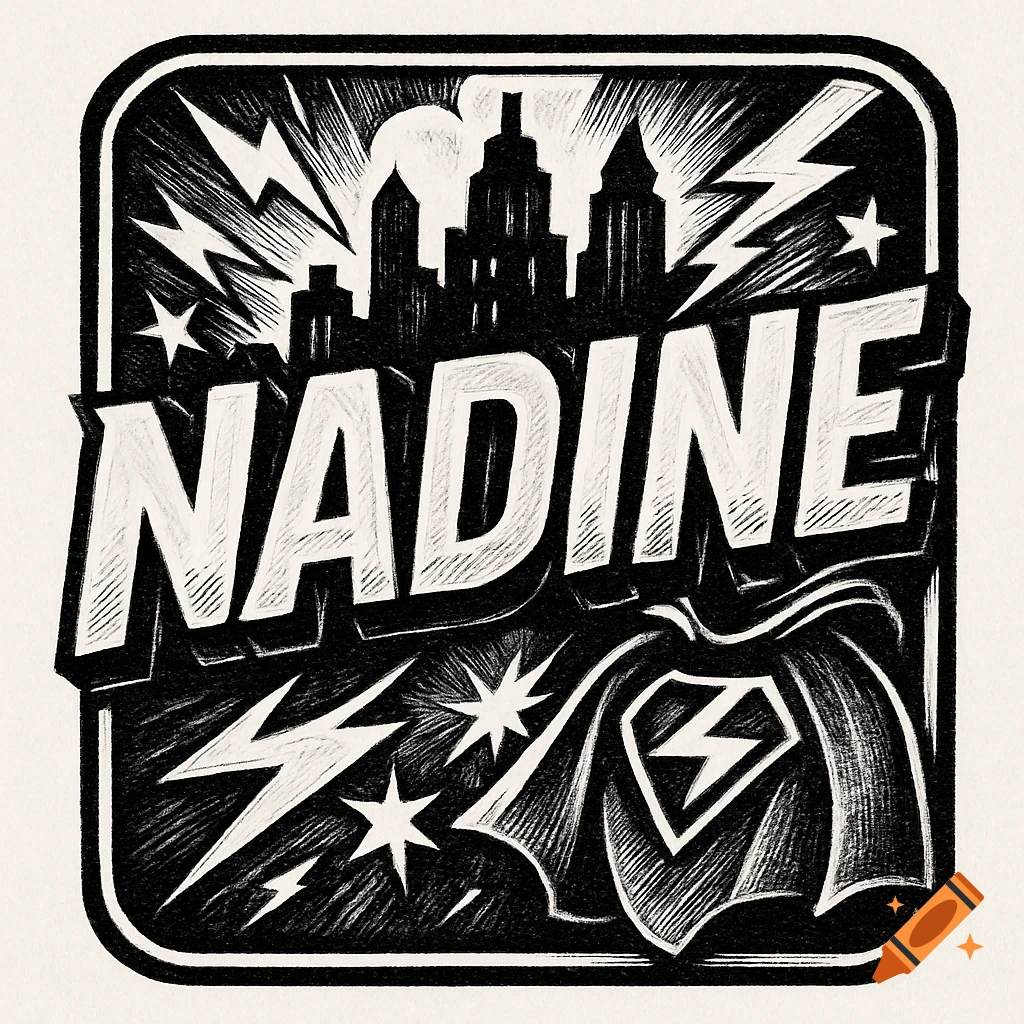 Black and white superhero-themed logo with the name 'NADINE', a cityscape, lightning bolts, and a cape.