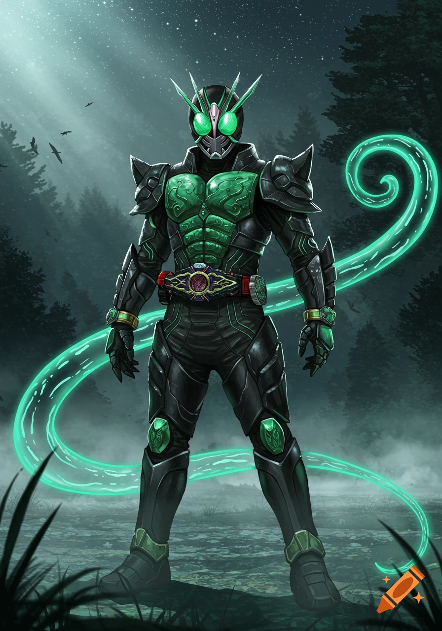 A Kamen Rider in black and green armor with glowing green eyes and intricate patterns, standing in a dark, misty forest under a starry night sky with green energy trails.