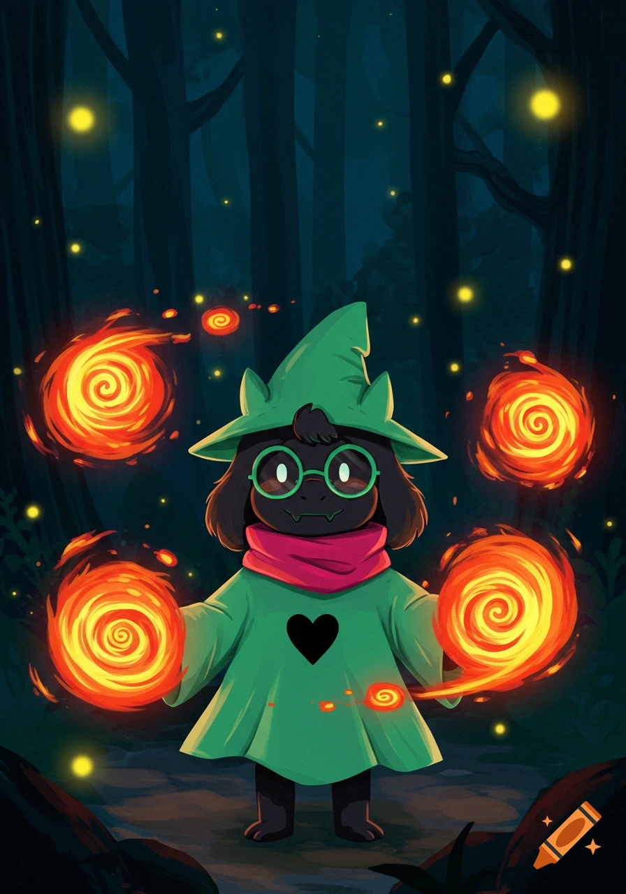 A dark furry character wearing a green wizard hat and robe with a black heart on it, wielding fire magic in a dark forest.