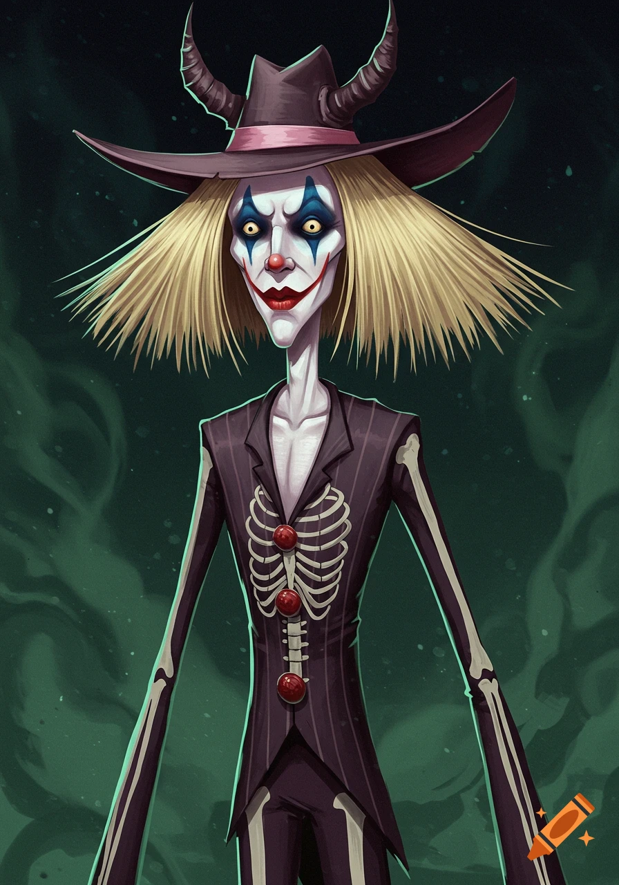 A lanky, pale, clown-faced character with blond hair, red nose, and blue eye makeup, wearing a skeleton-patterned suit and a horned fedora.