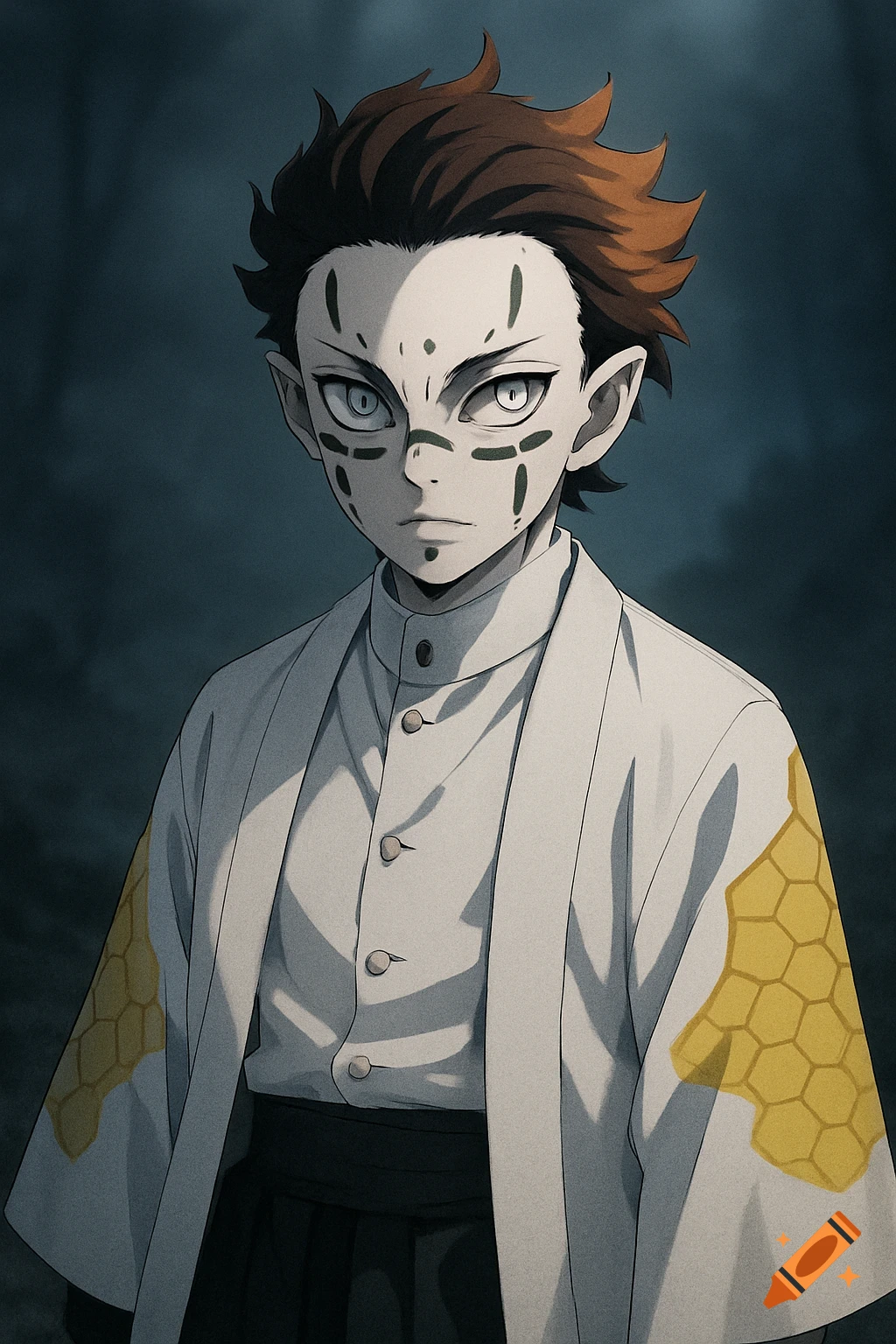 Anime style portrait of a young man with pale skin, green facial markings, cat-like eyes, and brown-orange hair, wearing a white coat.