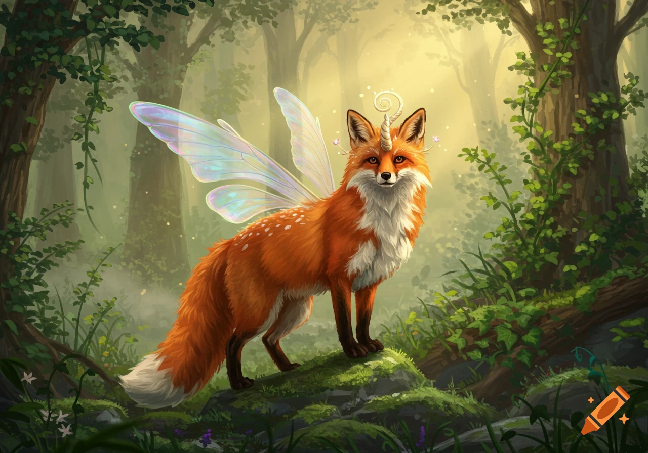 A whimsical illustration of an orange fox with iridescent fairy wings and a unicorn horn, standing on a mossy rock in a sunlit forest.