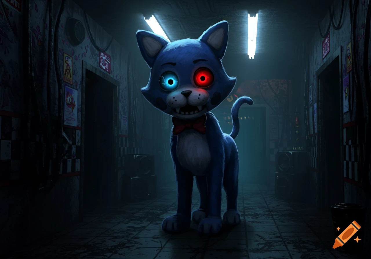 A cartoonish blue cat with glowing blue and red eyes and a red bow tie stands in a dark, eerie hallway, in the style of Five Nights at Freddy's.