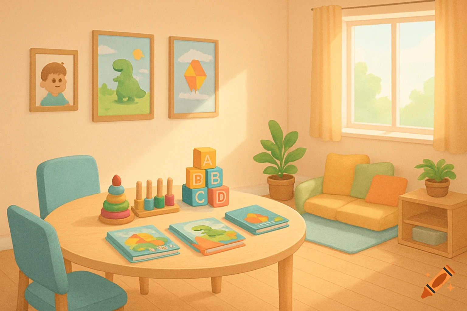 An illustrated children's playroom with a round table, chairs, alphabet blocks, books, and a window with a view of trees.